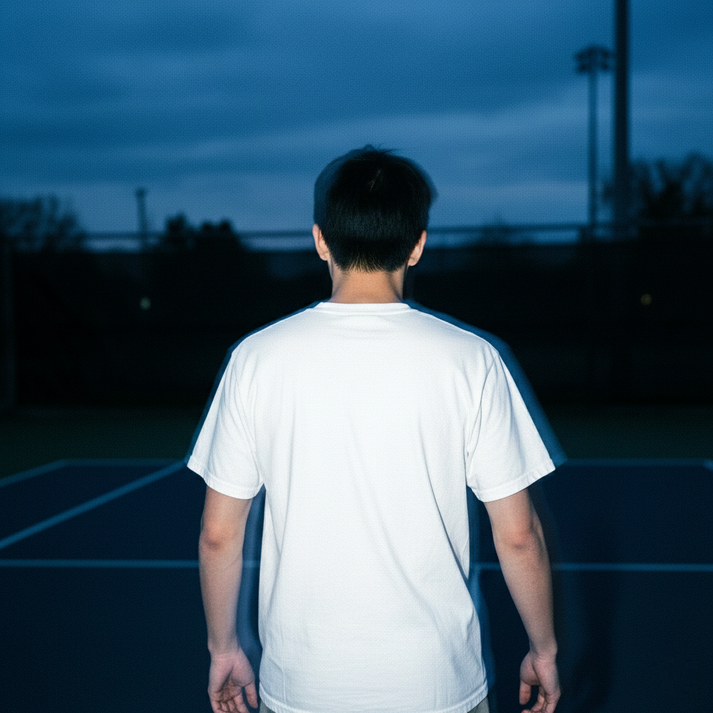Person wearing a white t-shirt on a dark outdoor basketball court