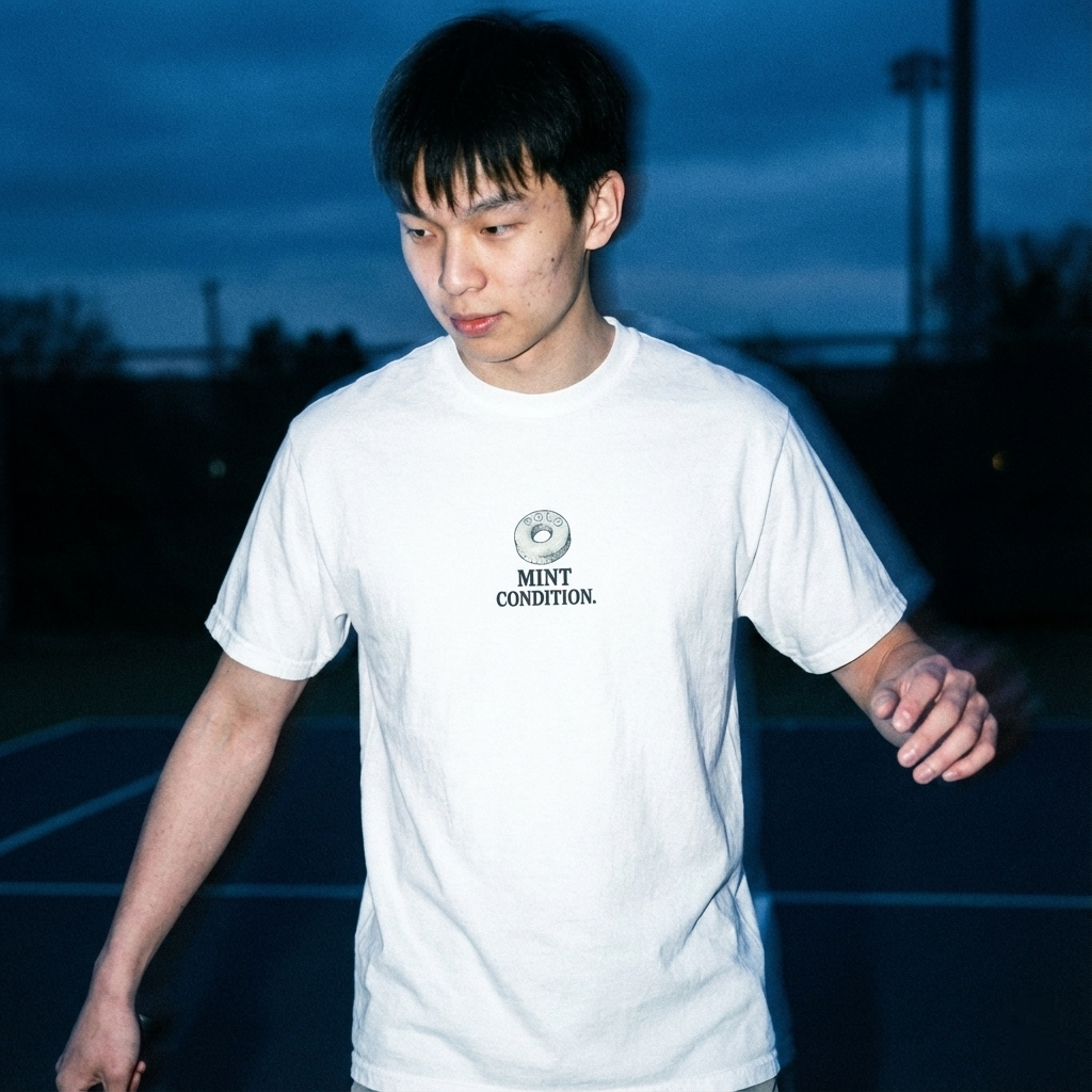 Person wearing a white t-shirt with a logo of a mint and text saying "Mint Condition.", standing outdoors at night.